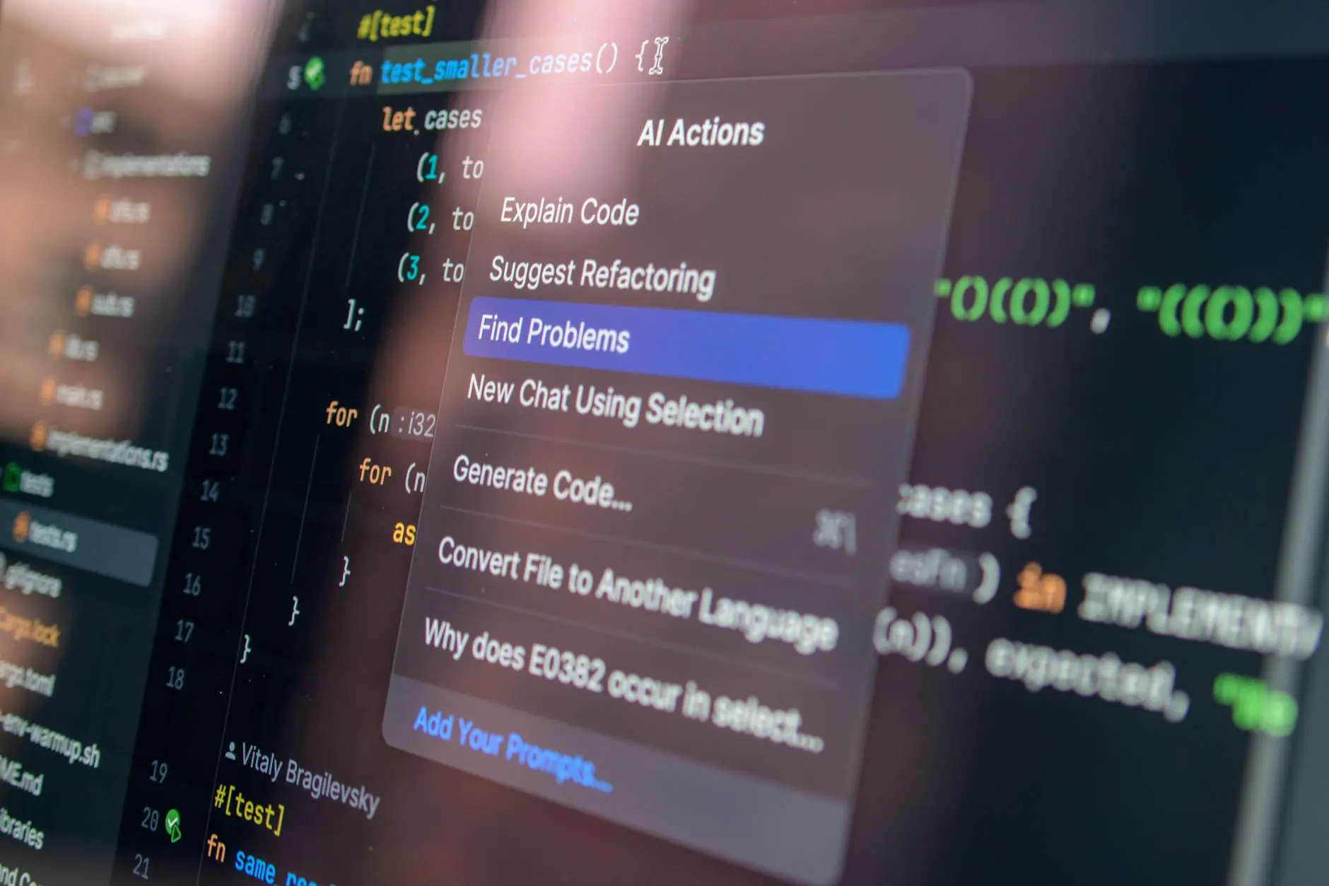 Code editing interface showing a function test and debugging options.