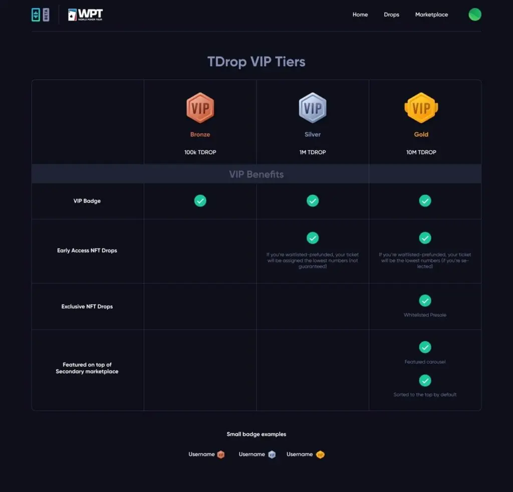 Table listing TDrop VIP tiers: Bronze, Silver, Gold with benefits like badges and NFT drops.