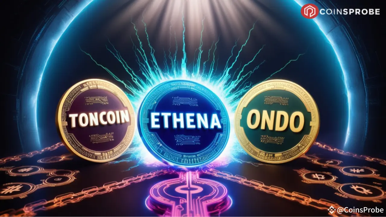 Three cryptocurrency tokens: TONCOIN, ETHENA, and ONDO, glowing in a creative digital setting.