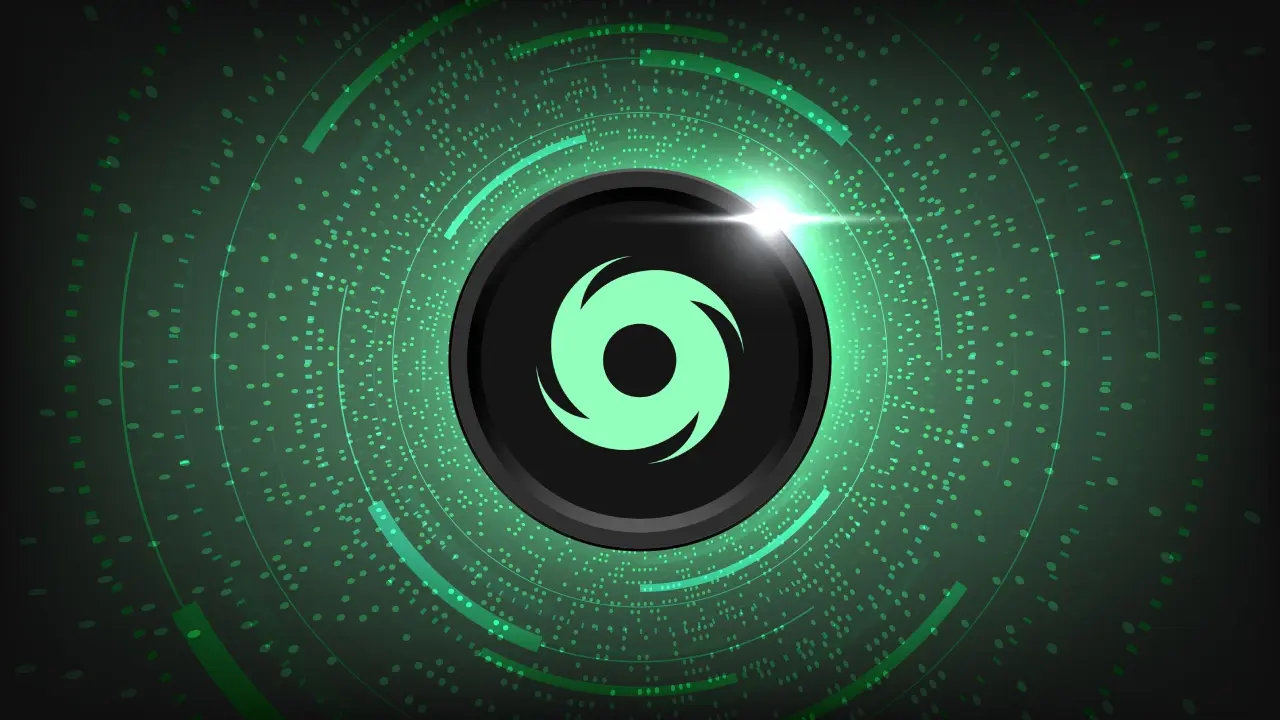 A green circular logo with a whirlpool design amidst a digital background.