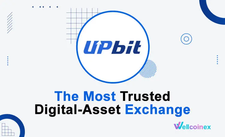 Upbit cryptocurrency exchange logo and tagline on a graphic background.