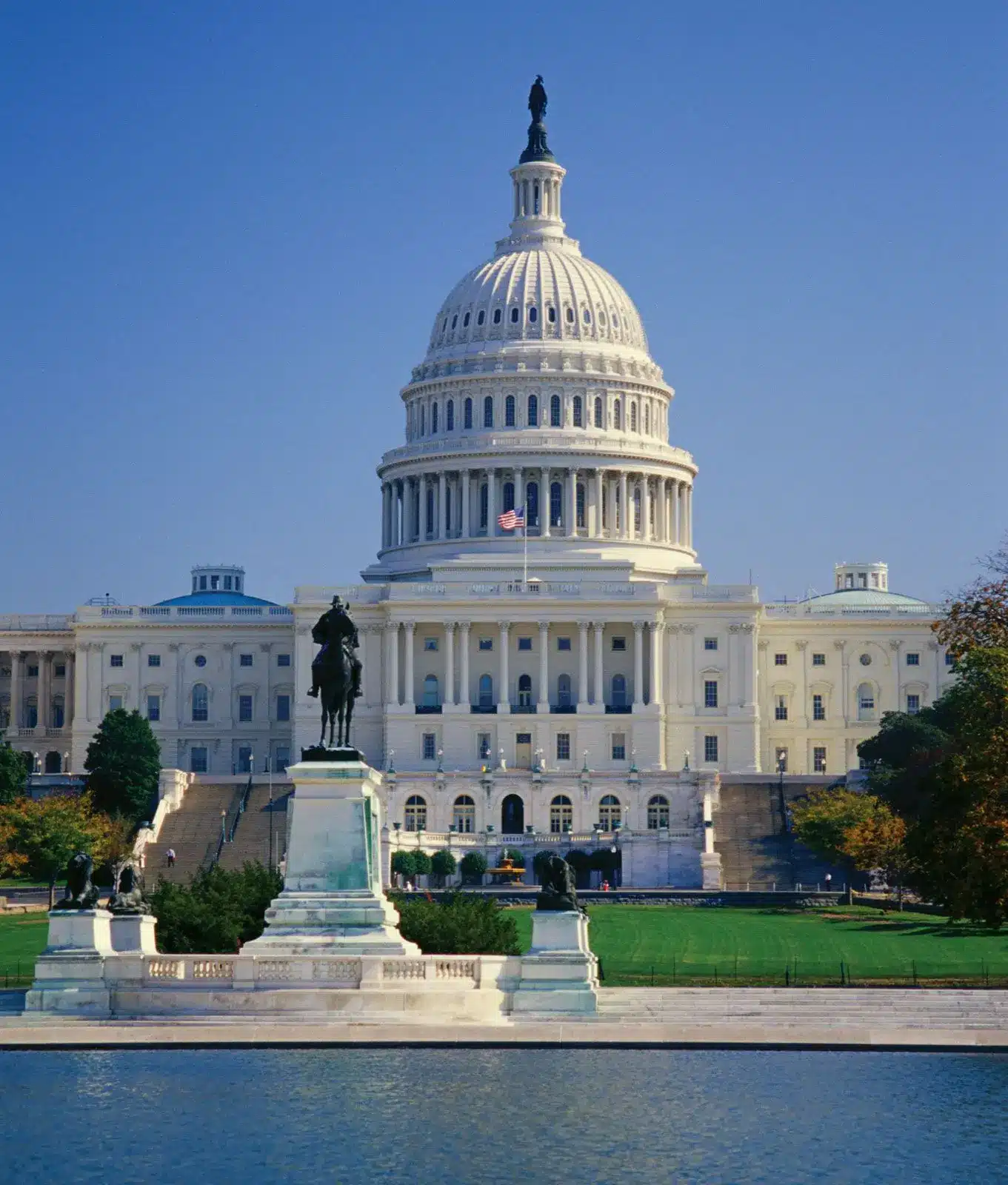 The US Capitol building in Washington DC against a clear blue sky.