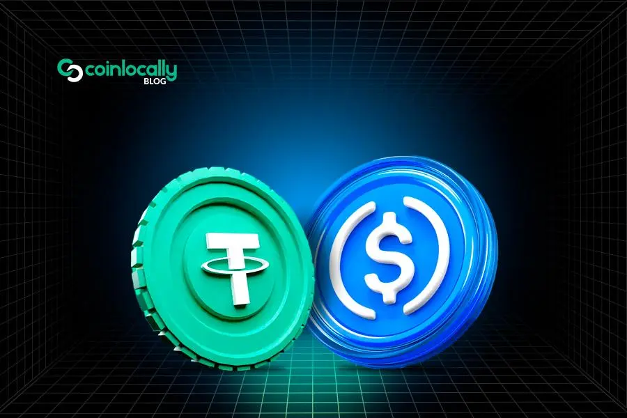 Green USDT and blue USDC stablecoin symbols against a dark grid background.