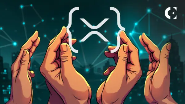 Hands clapping around an XRP logo with a digital network background.