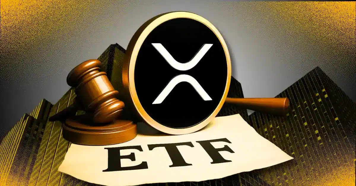 XRP logo with a judge's gavel on a paper labeled ETF, set against a city skyline background.
