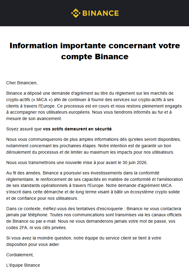 Mail de Binance envoy&eacute; &agrave; ses clients hier soir