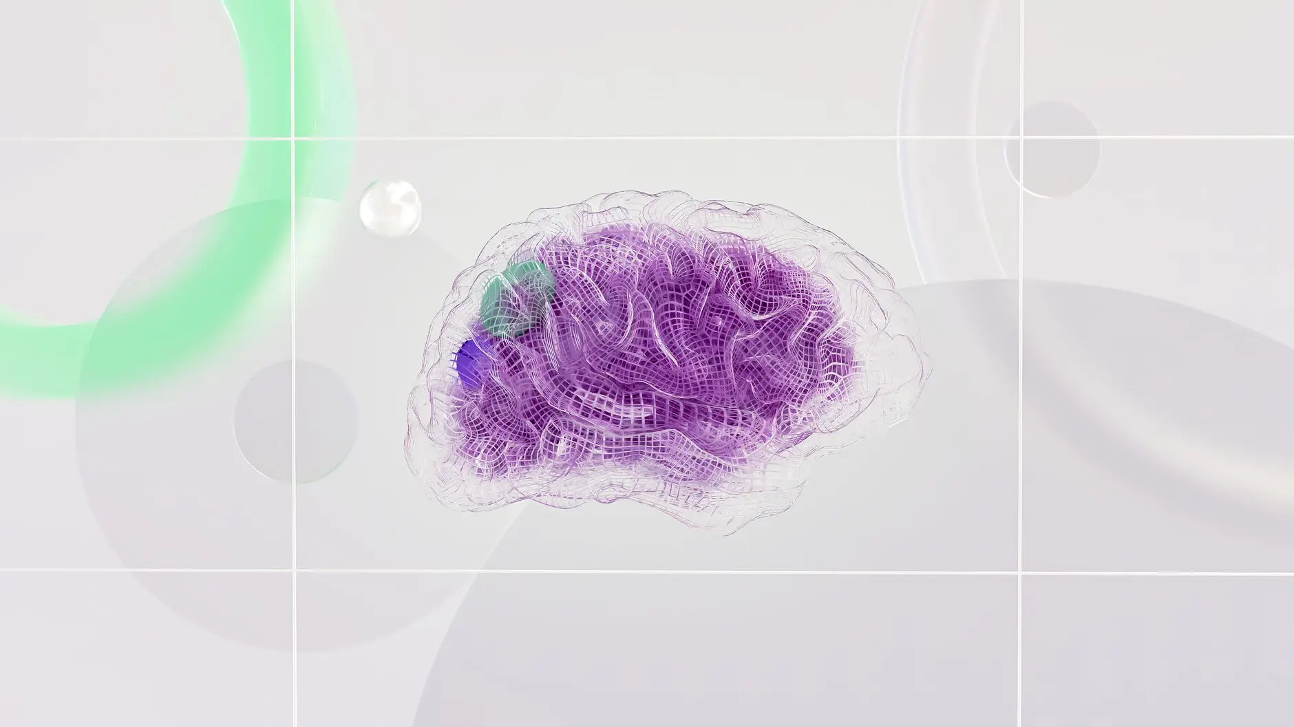 3D illustration of a purple brain with a modern design and abstract shapes.