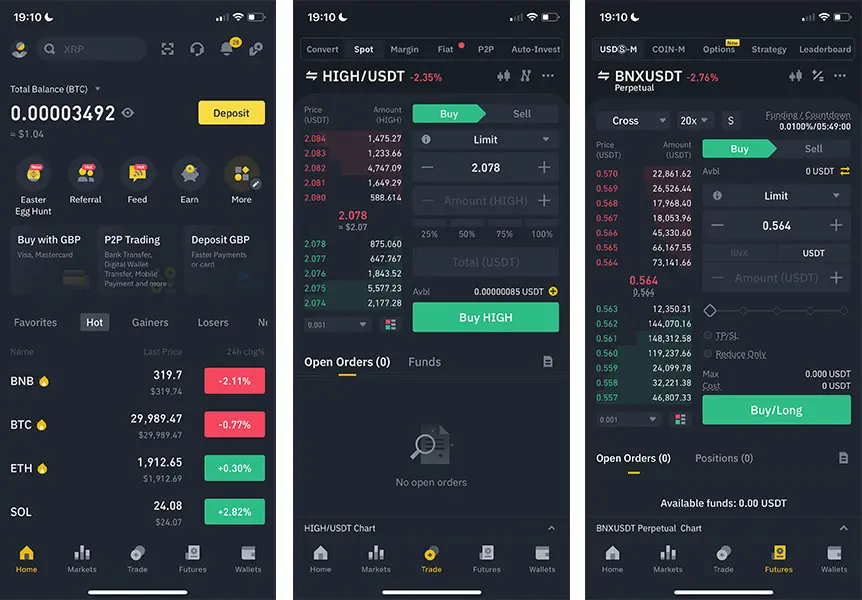 Binance app interface displaying cryptocurrency trading options on a smartphone.