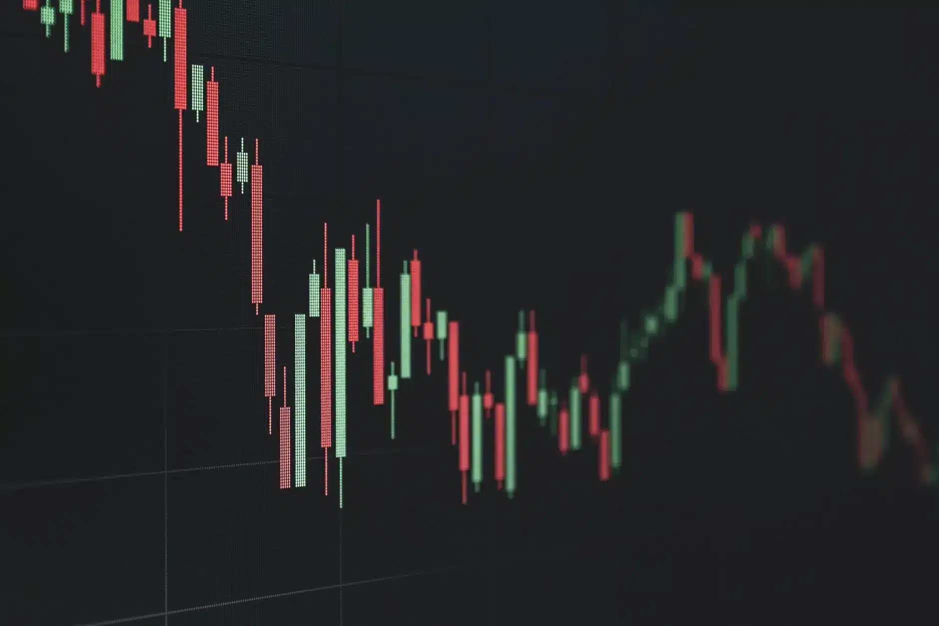 A candlestick chart showing fluctuating prices with red and green bars.