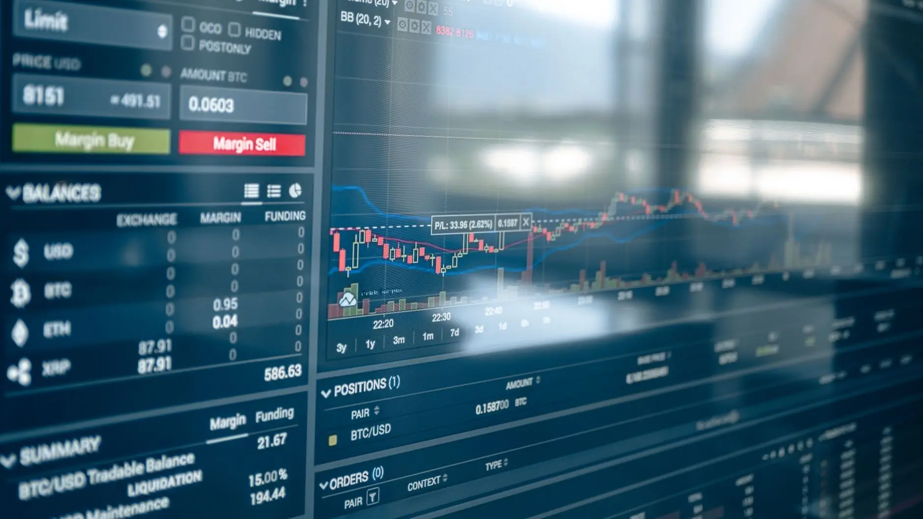 Cryptocurrency trading interface displaying Bitcoin and Ethereum price charts