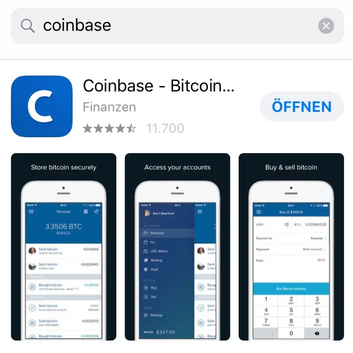Coinbase app on smartphone showing Bitcoin transactions and account details.