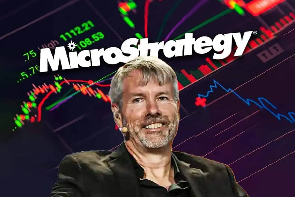 Michael Saylor with stock market charts in the background and MicroStrategy logo.