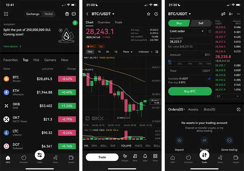Screenshots of OKX mobile app interface displaying cryptocurrency trading options and charts.