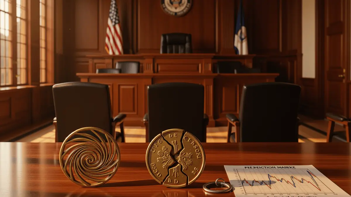 Federal courthouse interior with three symbolic objects representing crypto legal cases