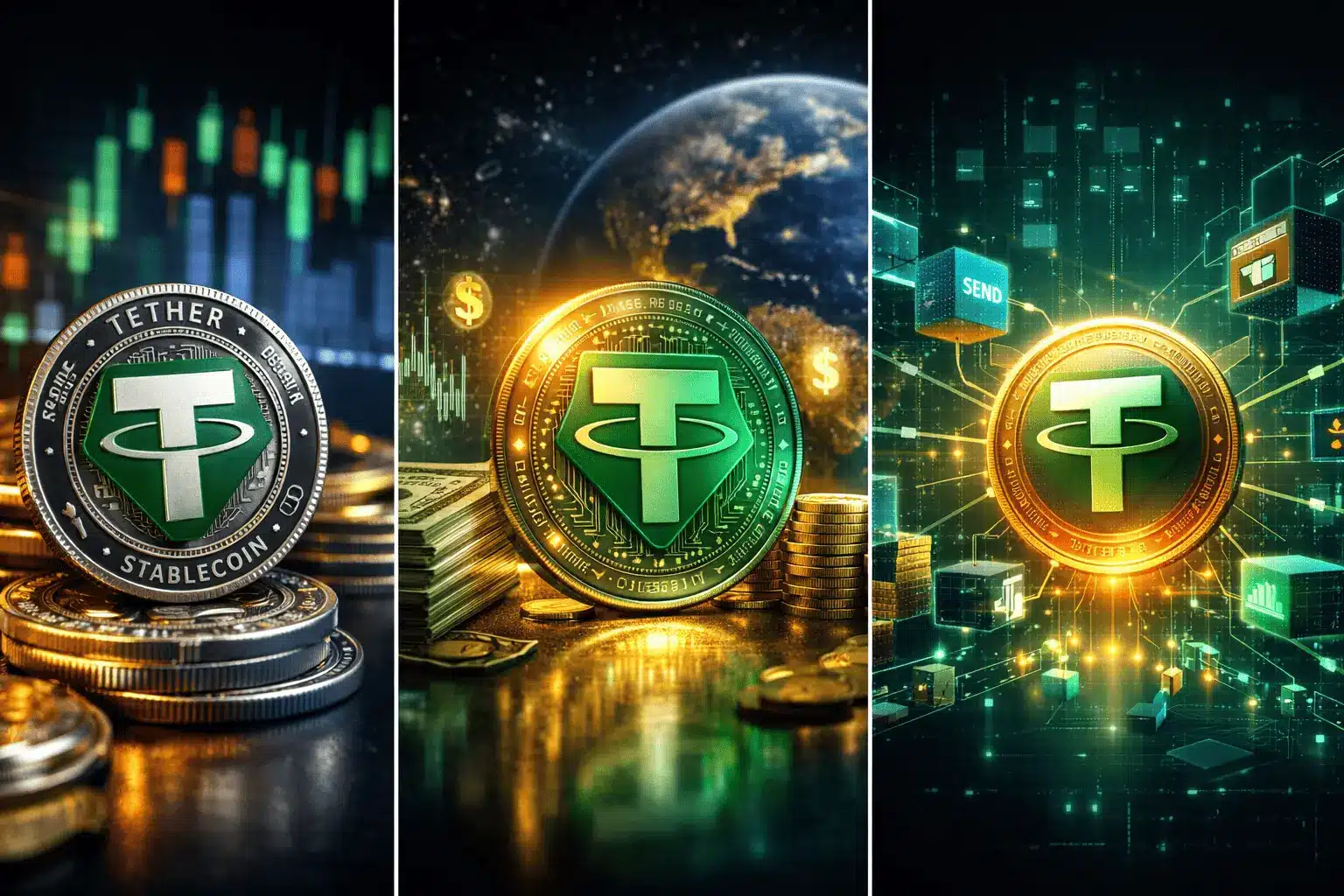 Three representations of Tether USDT cryptocurrency with coins and digital graphics.